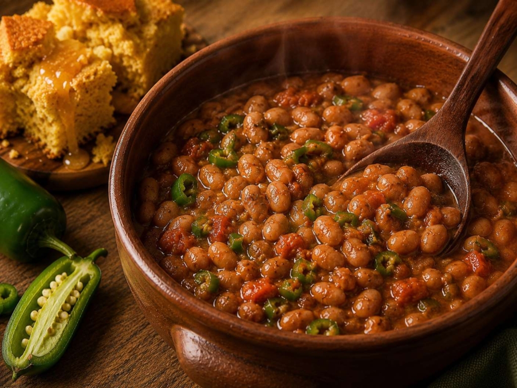 Texas style butterbeans and pinto beans topped with diced jalapeno in a brown bowl with a spoon and cornedbread in the background
