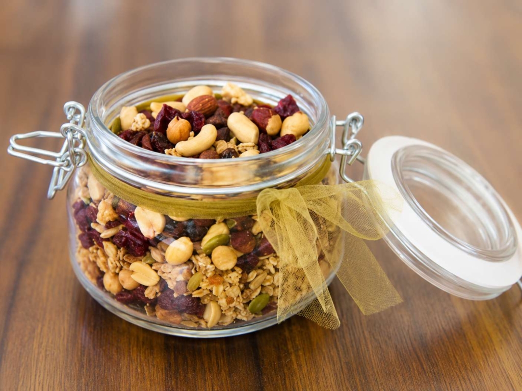 Trail mix in a glass jar