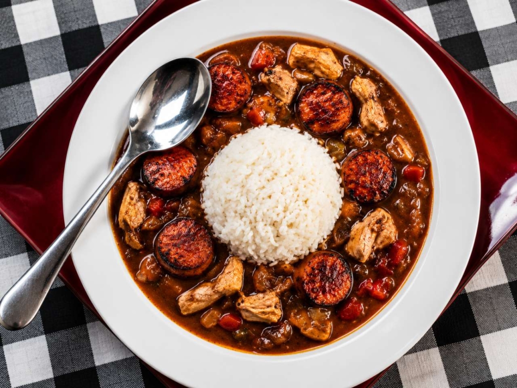 Turkey and sausage gumbo in a bowl with white rice.