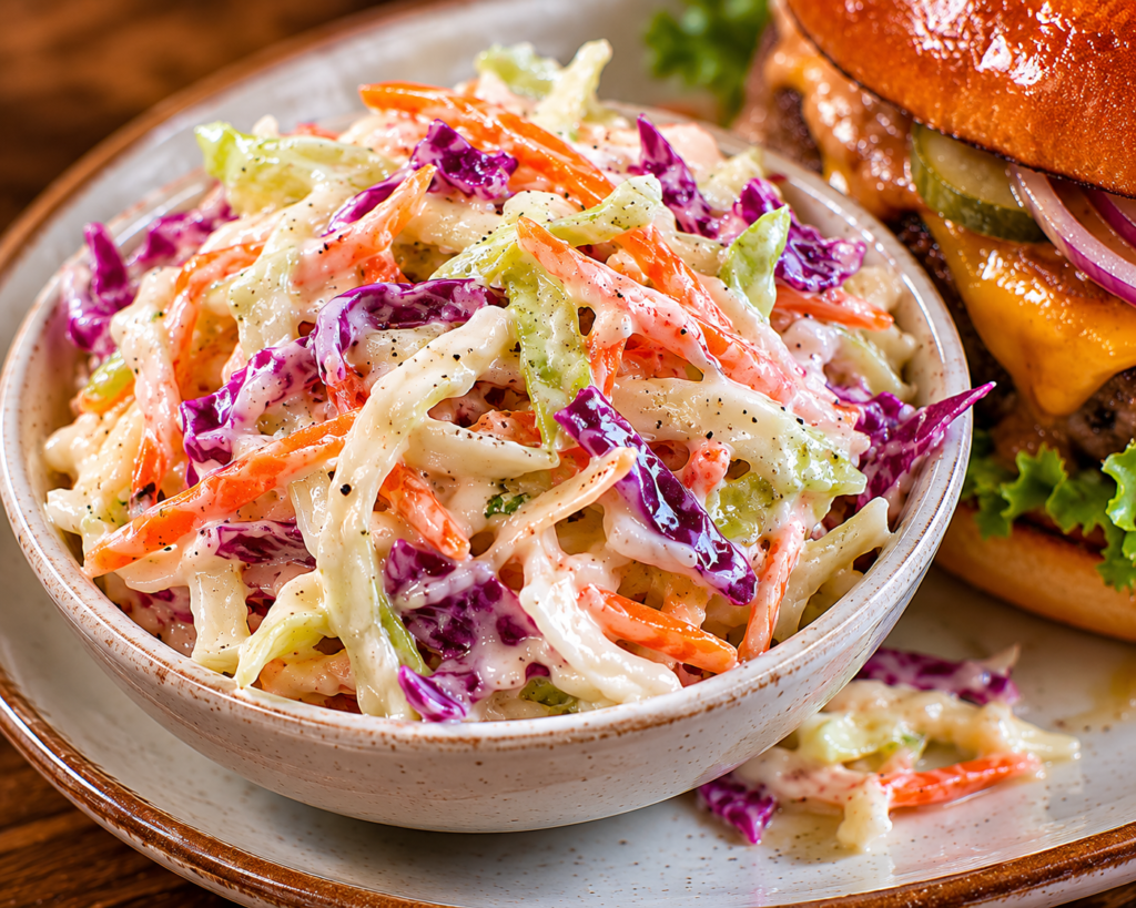 Coleslaw in a bowl next to a cheeseburger.