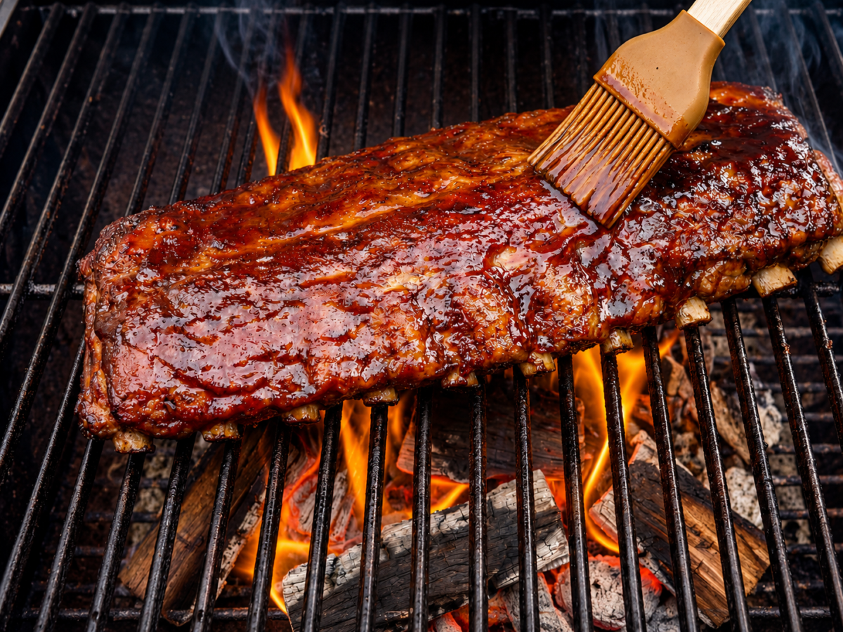 Smoked rack of ribs being sauced on a grill over charcoal