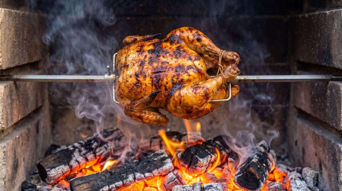 Whole chicken on a rotisserie