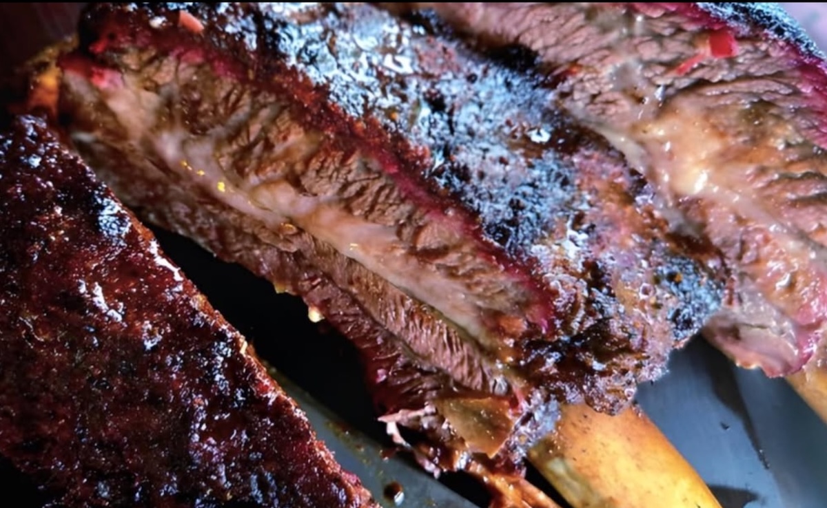 Texas beef short ribs showing detail of meat on the bone.
