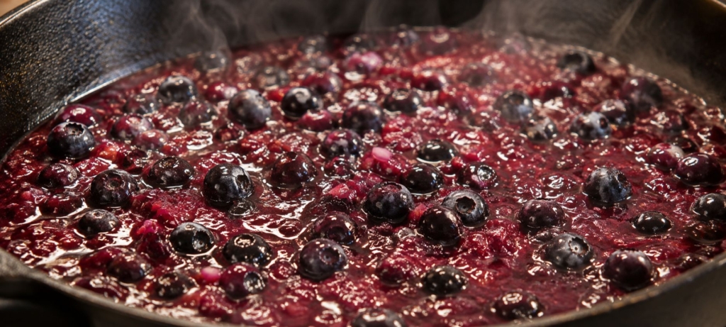 Blueberry BBQ sauce recipe simmering in pot showing whole blueberries.
