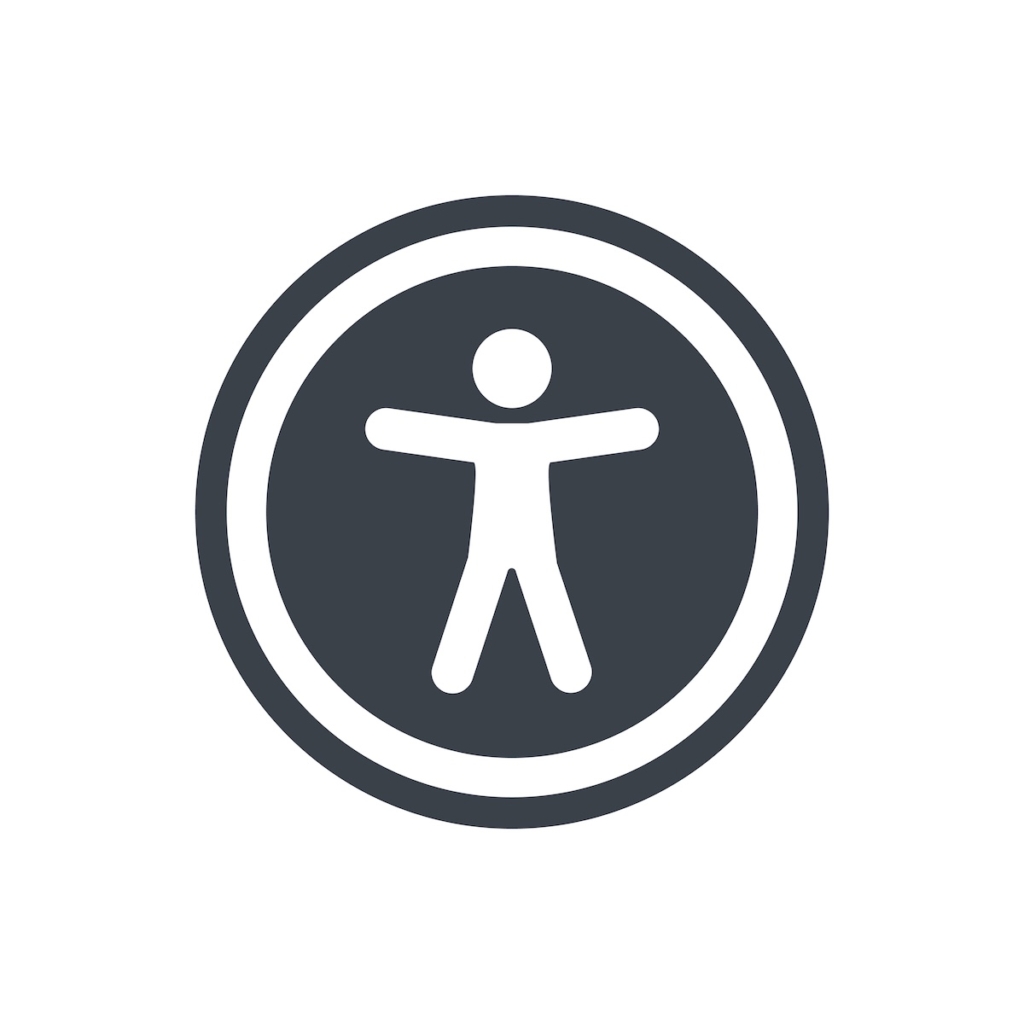 international accessibility icon showing human figure with a circle around it in black and white.
