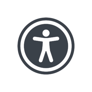 international accessibility icon showing human figure with a circle around it in black and white.