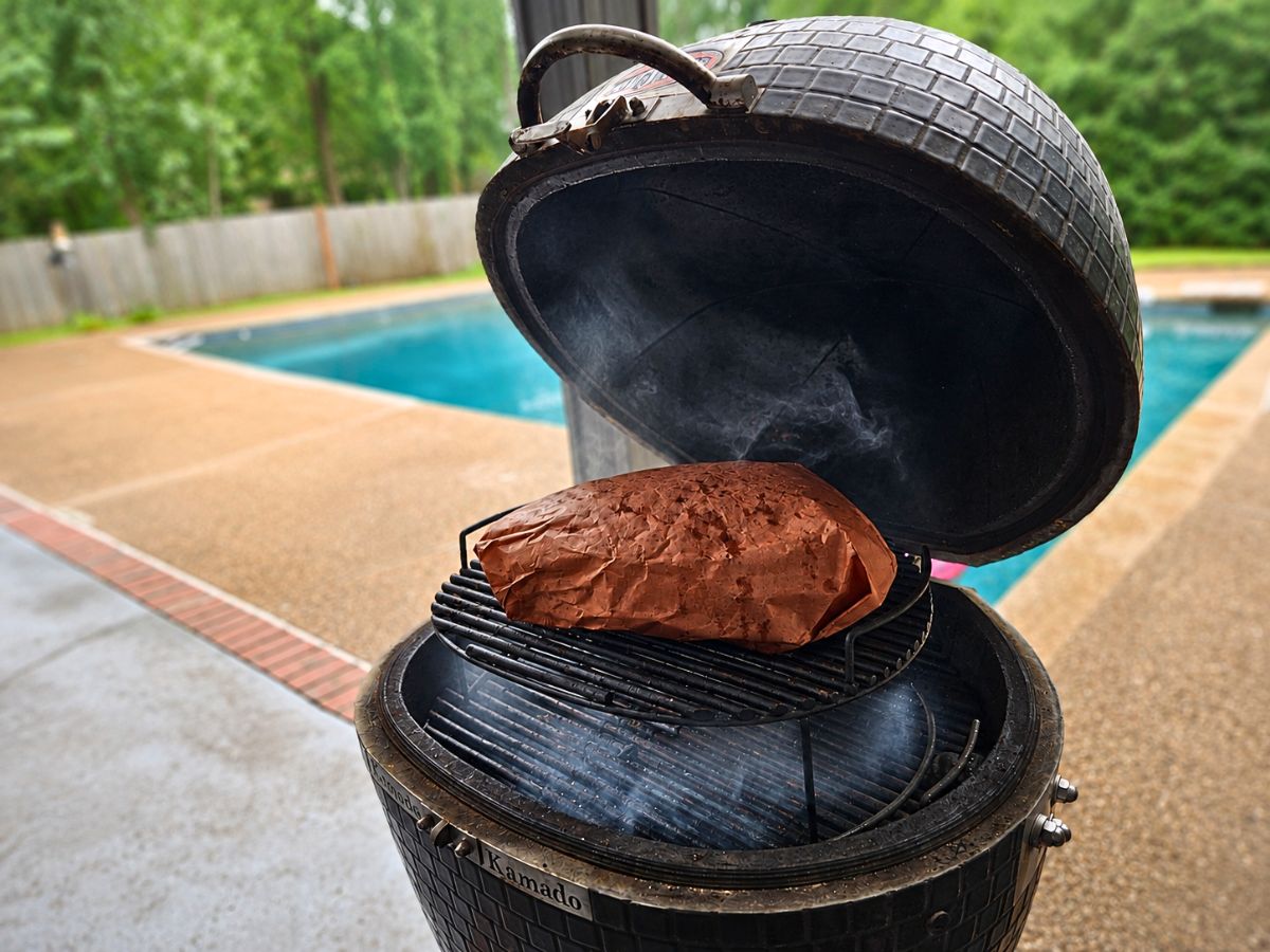 wrapped brisket on smoker for barbecue brisket recipe.