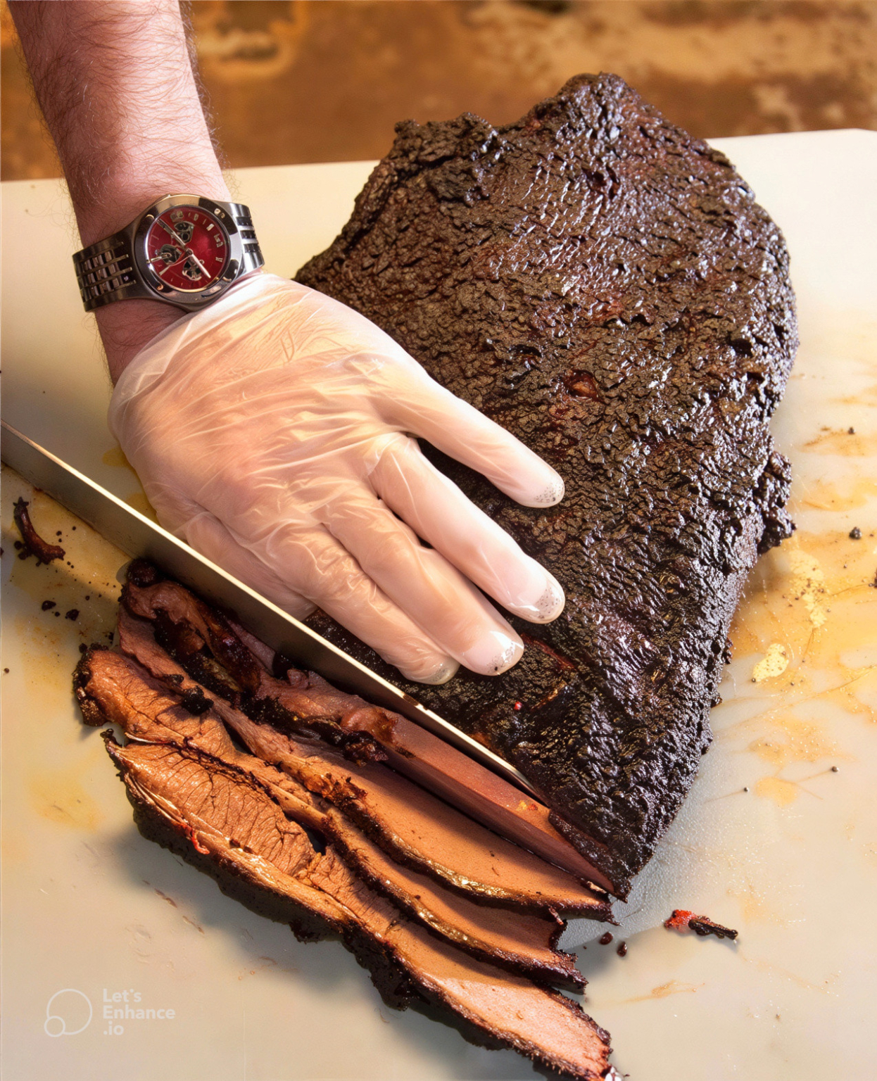 smoked brisket on a white cutting board being sliced by someone wearing food safety gloves.