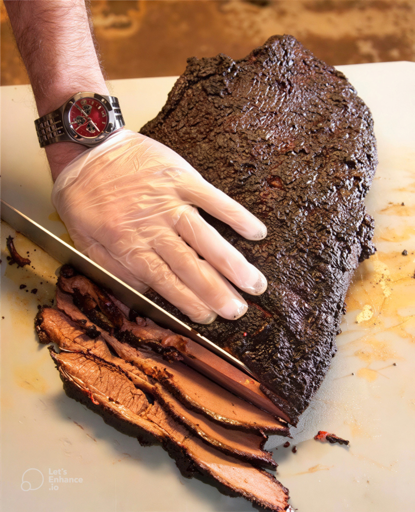 smoked brisket on a white cutting board being sliced by someone wearing food safety gloves.   