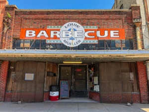 Storefront of Louie Mueller Barbecue in Taylor, Texas.