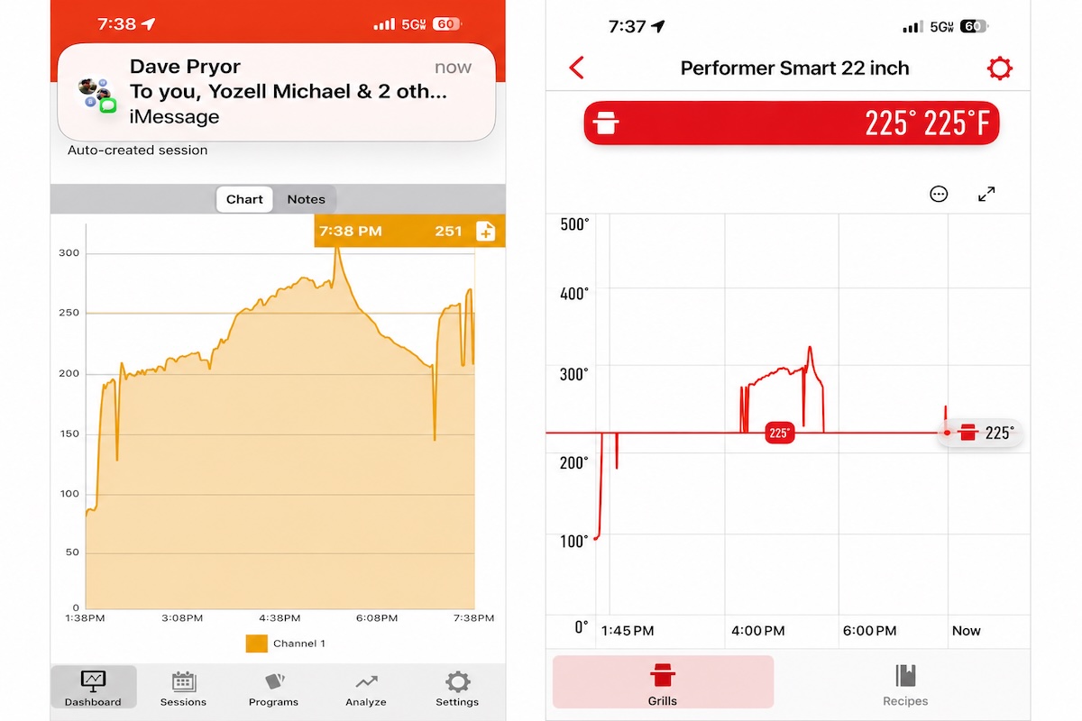 Side by side temperature graph screenshots of the same cooking session from the Fireboard app and the Weber Connect app.