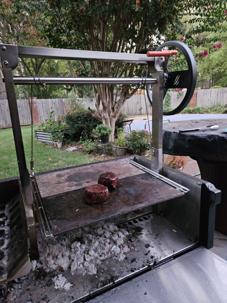 Griddle plates on the Blackstone Bronco Open Fame grill.