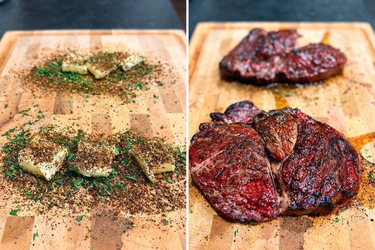 Side by side photo of ribeye steaks on a cutting board with the butter-herb board sauce on the left and the steaks on the right.